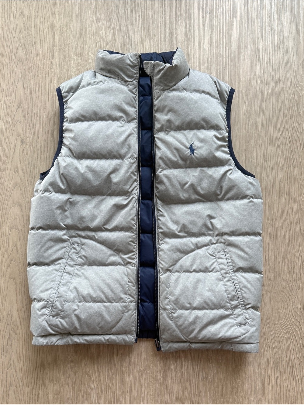 Ralph Lauren Reversible Puffer Vest in Light Gray and Navy Trim